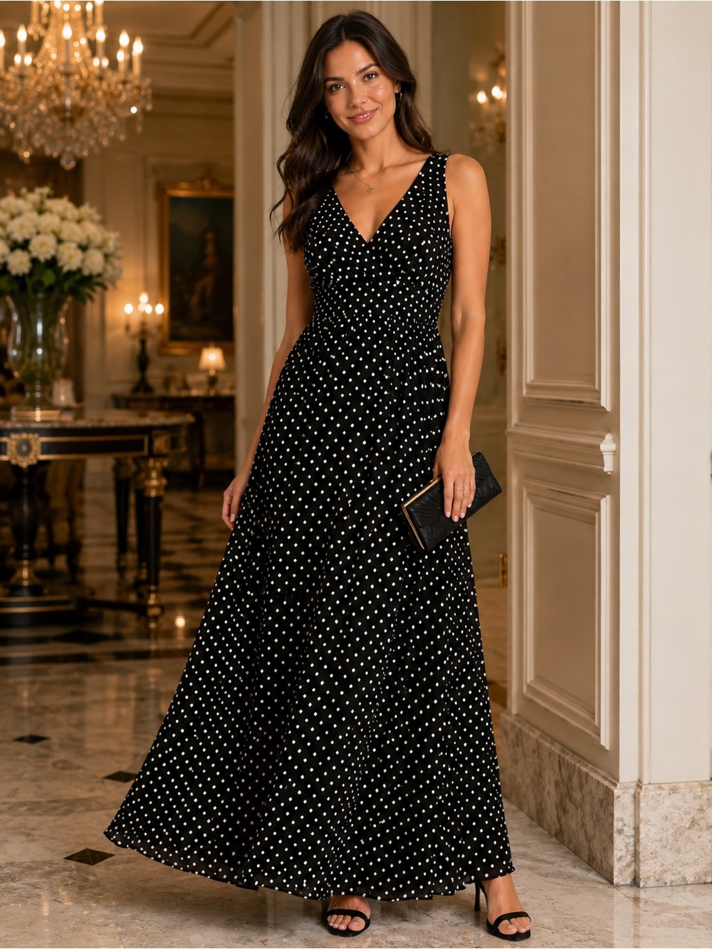 Eva Franco Black White Polka Dot Sleeveless Maxi Dress Empire Waist Size 6